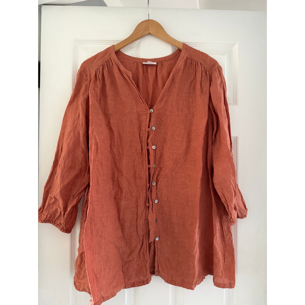 J. Jill Womens Linen Burnt‎ Orange Long Sleeve Boho Tunic Blouse Lightweight